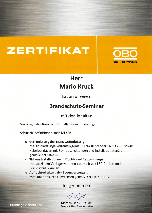 Zertifikat OBO Brandschutz-Seminar