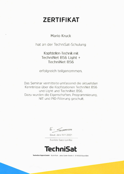 Zertifikat von TechniSat Schulung