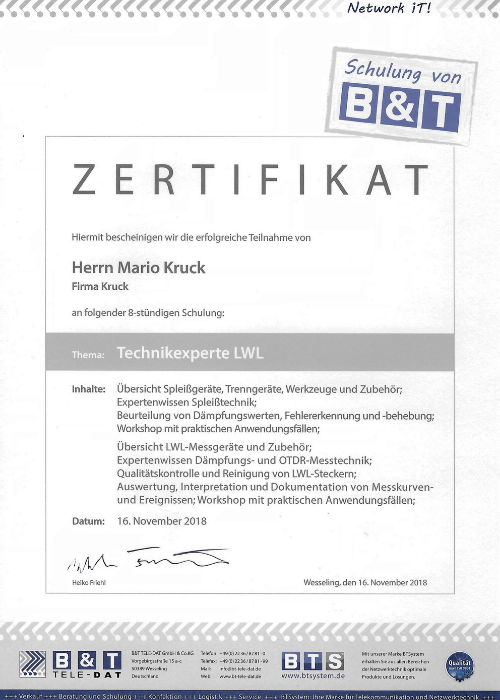 Zertifikat zur b&T Schulung